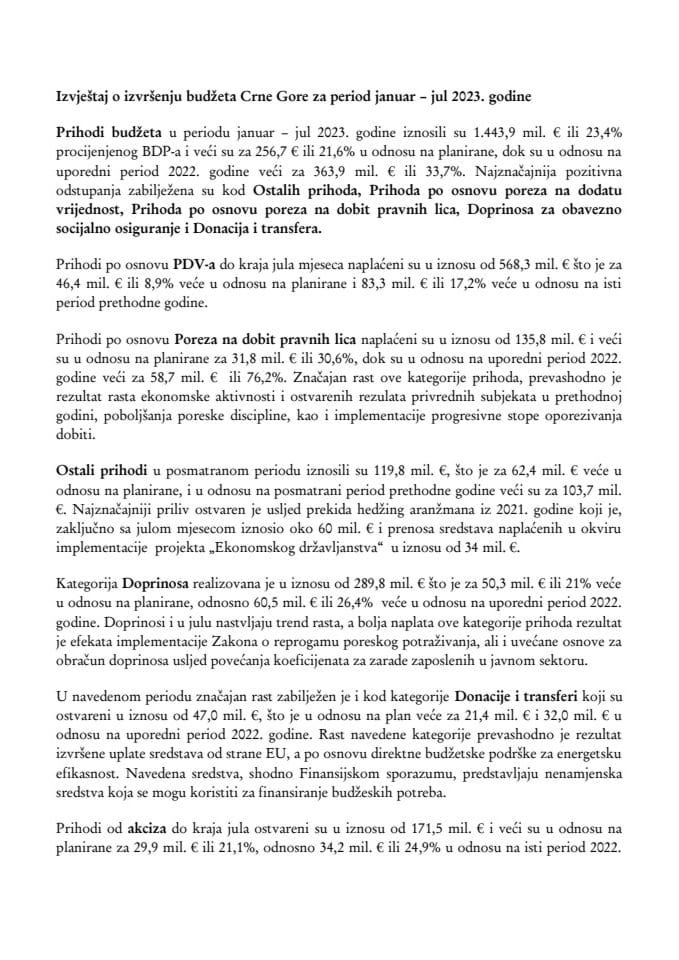Saopštenje - Izvještaj o izvršenju budžeta Crne Gore za period januar – jul 2023. godine