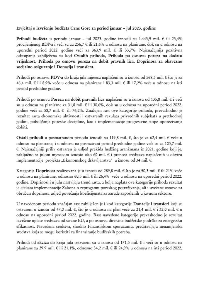Саопштење - Извјештај о извршењу буџета Црне Горе за период јануар – јул 2023. године