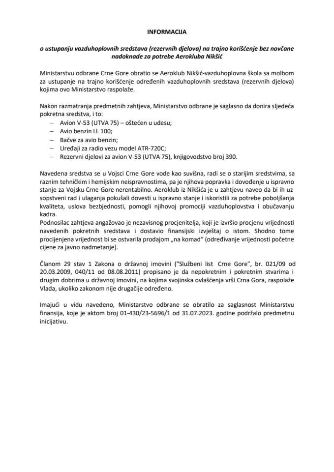Informacija o ustupanju vazduhoplovnih sredstava (rezervnih djelova) na trajno korišćenje bez novčane nadoknade za potrebe Aerokluba Nikšić