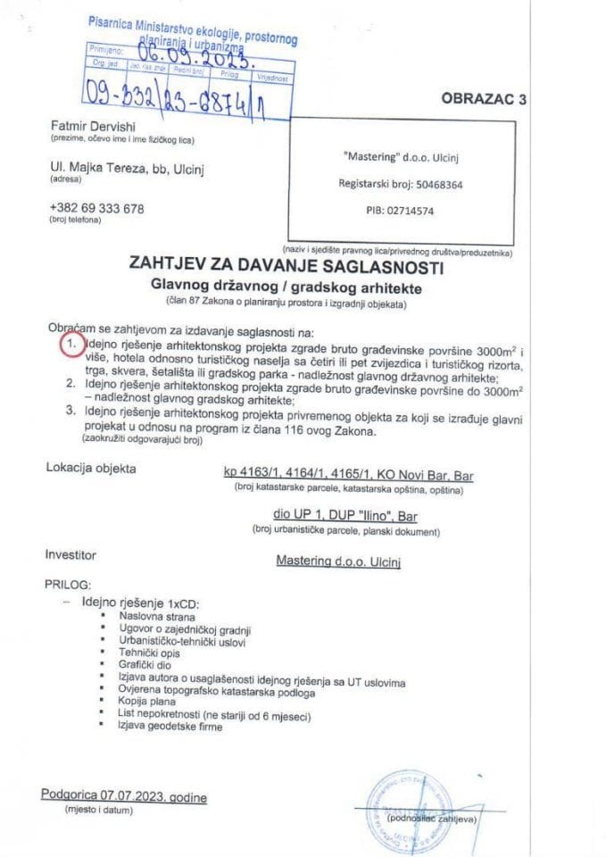 Zahtjevi investitora za davanje saglasnosti glavnog državnog arhitekte - 06.09.2023 Zahtjev -MASTERING DOO, Ulcinj -Opština Bar