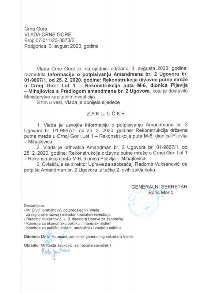 Informacija o potpisivanju Amandmana br. 2 Ugovora br. 01-9867/1 od 25.02.2020. godine: Rekonstrukcija državne putne mreže u Crnoj Gori: Lot 1 – Rekonstrukcija puta M-6, dionica Pljevlja – Mihajlovica - zaključci