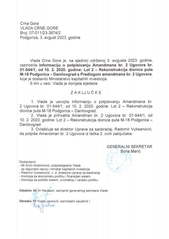 Информација о потписивању Амандмана бр. 2 Уговора бр. 01-544/1 од 10.02.2020. године: Лот 2 – Реконструкција дионице пута М-18 Подгорица – Даниловград - закључци