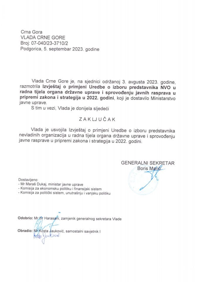 Izvještaj o primjeni Uredbe o izboru predstavnika nevladinih organizacija u radna tijela organa državne uprave i sprovođenju javnih rasprava u pripremi zakona i strategija, za 2022. godinu - zaključci