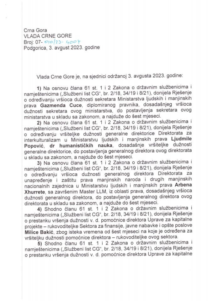 Kadrovska pitanja sa 63. sjednice Vlade Crne Gore - zaključci