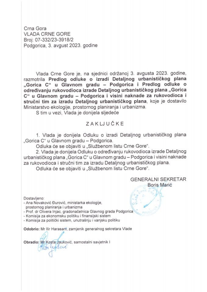 Predlog odluke o izradi Detaljnog urbanističkog plana „Gorica C“ u Glavnom gradu - Podgorica i Predlog odluke o određivanju rukovodioca izrade Detaljnog urbanističkog plana „Gorica C“ u Glavnom gradu - Podgorica i visini naknade (bez rasprave) - zaključci