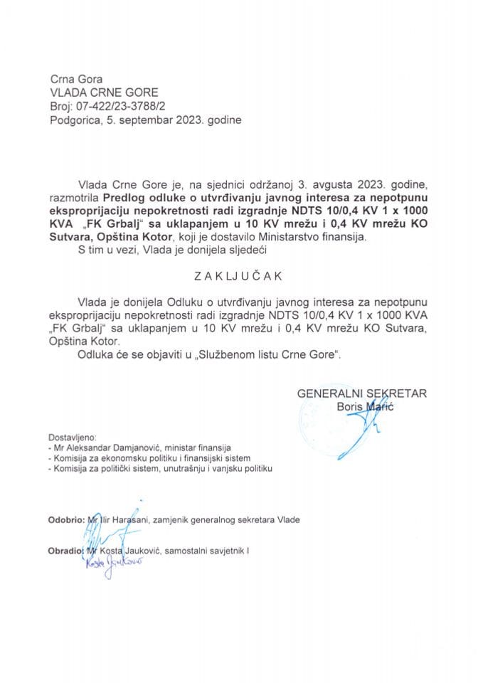 Predlog odluke o utvrđivanju javnog interesa za nepotpunu eksproprijaciju nepokretnosti radi izgradnje NDTS 10/0,4 KV 1x1000 KVA „FK Grbalj“ sa uklapanjem u 10 KV mrežu i 0,4 KV mrežu KO Sutvara, Opština Kotor (bez rasprave) - zaključci