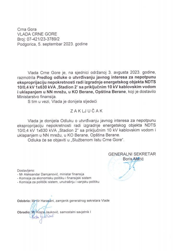 Predlog odluke o utvrđivanju javnog interesa za nepotpunu eksproprijaciju nepokretnosti radi izgradnje energetskog objekta NDTS 10/0,4 KV 1x630 KVA „Stadion 2“ - zaključci