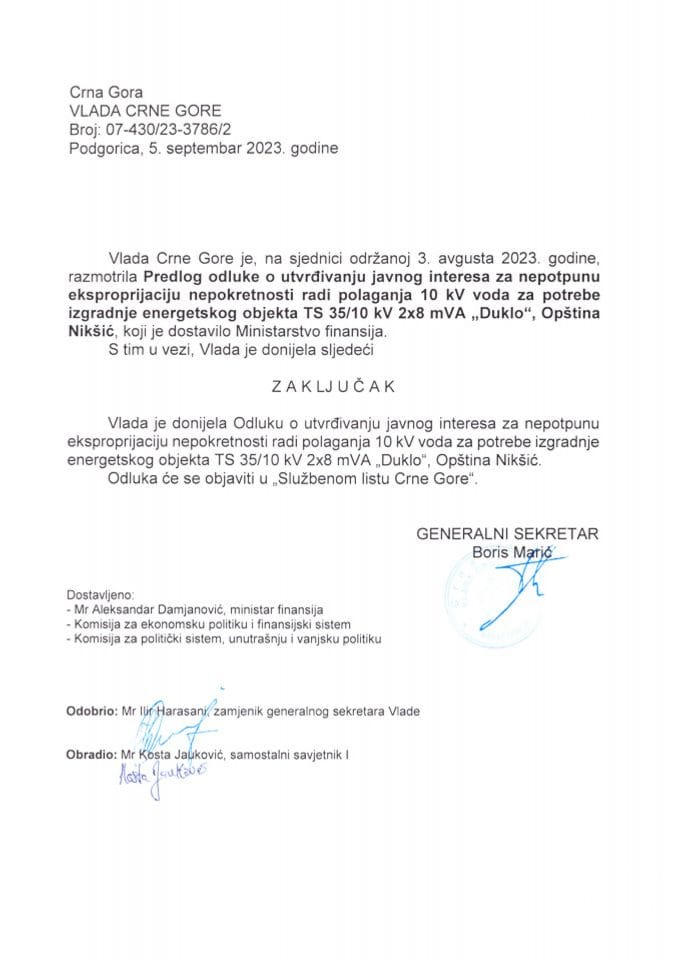 Predlog odluke o utvrđivanju javnog interesa za nepotpunu eksproprijaciju nepokretnosti radi polaganja 10 KV voda za potrebe izgradnje energetskog objekta TS 35/10 KV 2x8 MVA „Duklo“, Opština Nikšić (bez rasprave) - zaključci