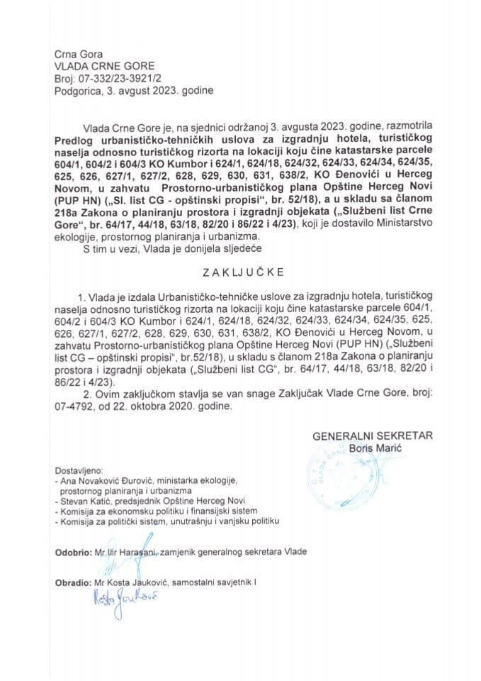 Predlog urbanističko tehničkih uslova za izgradnju hotela, turističkog naselja odnosno turističkog rizorta na lokaciji koju čine katastarske parcele 604/1, 604/2 i 604/3 KO Kumbor - zaključci