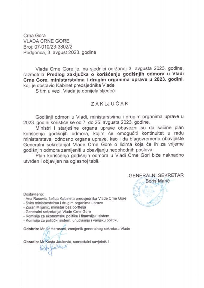 Predlog zaključka o korišćenju godišnjih odmora u Vladi Crne Gore, ministarstvima i drugim organima uprave u 2023. godini (bez rasprave) - zaključci