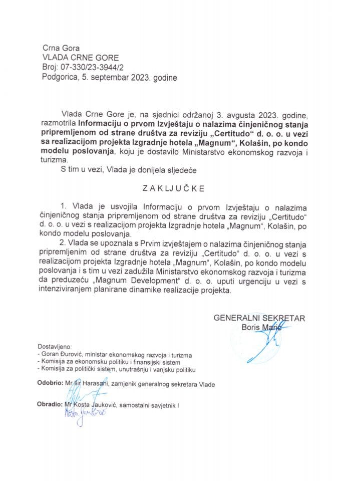 Informacija o prvom Izvještaju o nalazima činjeničnog stanja pripremljenom od strane društva za reviziju „Certitudo“ d.o.o. u vezi sa realizacijom projekta Izgradnje hotela „Magnum“, Kolašin, po kondo modelu poslovanja - zaključci