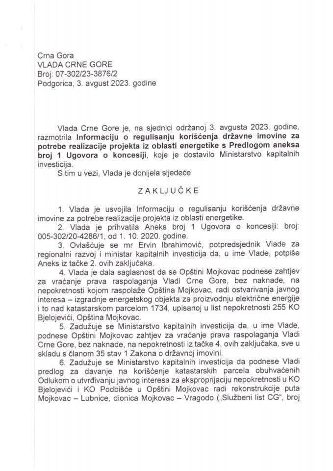 Informacija o regulisanju korišćenja državne imovine za potrebe realizacije projekta iz oblasti energetike sa Predlogom aneksa broj 1 Ugovora o koncesiji broj: 005-302/20-4286/1 od 01.10.2020. godine (bez rasprave) - zaključci