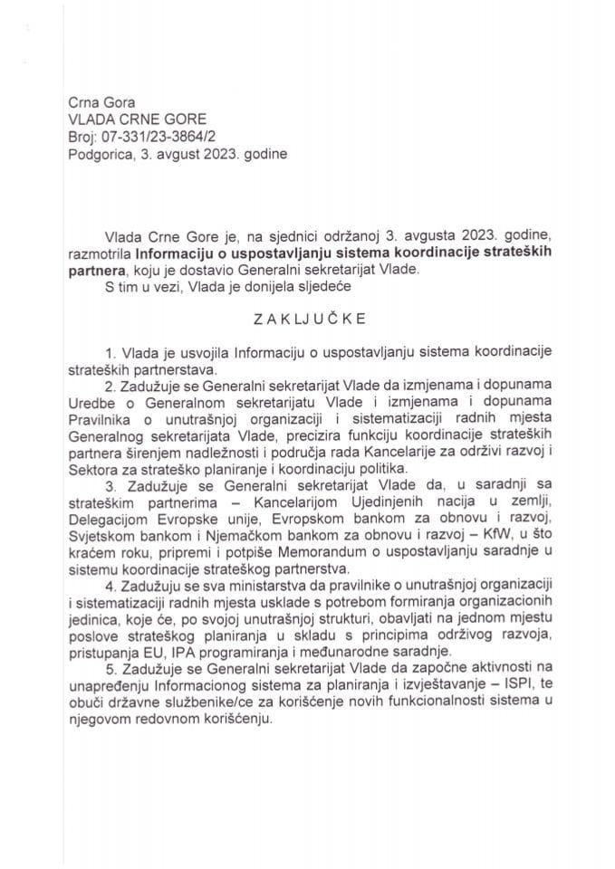 Информација о успостављању система координације стратешких партнера (без расправе) - закључци