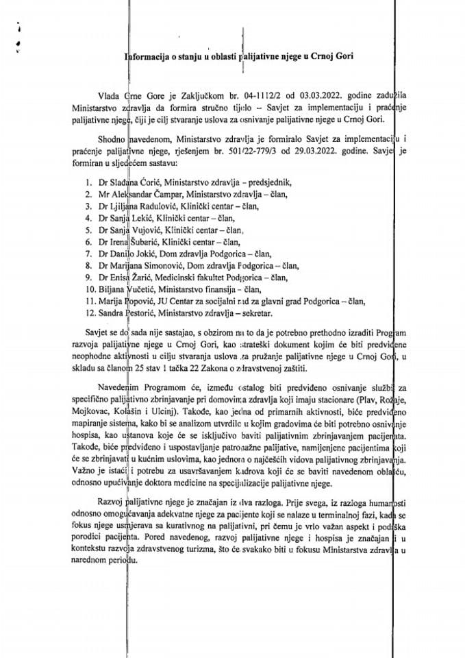 Информација о стању у области палијативне његе у Црној Гори