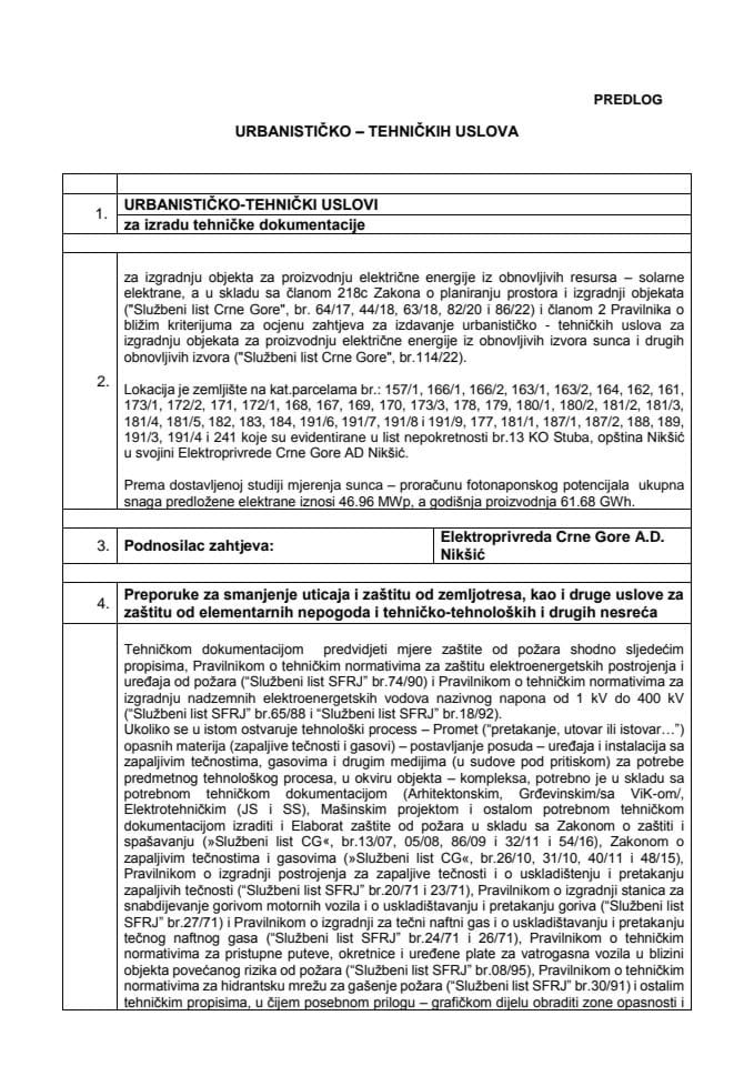 Predlog urbanističko tehničkih uslova za izradu tehničke dokumentacije za izgradnju objekta za proizvodnju električne energije iz obnovljivih resursa - solarne elektrane