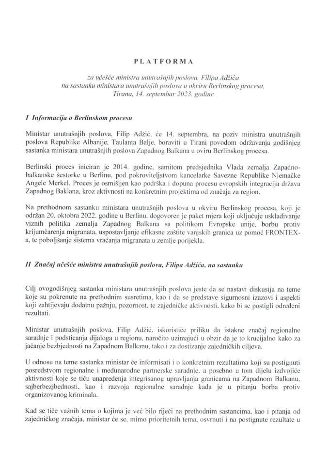 Предлог платформе за учешће министра унутрашњих послова, Филипа Аџића, на састанку министара унутрашњих послова у оквиру Берлинског процеса, Тирана, 14. септембар 2023. године