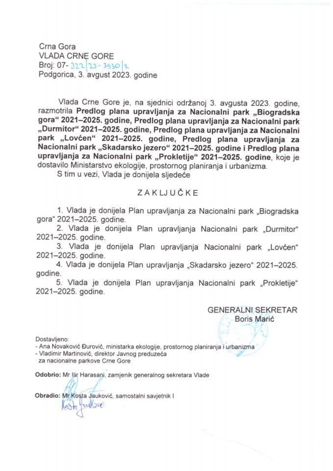 Predlog plana upravljanja za nacionalni park “Biogradska gora”, 2021-2025, Predlog plana upravljanja za nacionalni park “Durmitor”, 2021-2025, Predlog plana upravljanja za nacionalni park “Lovćen” - zaključci