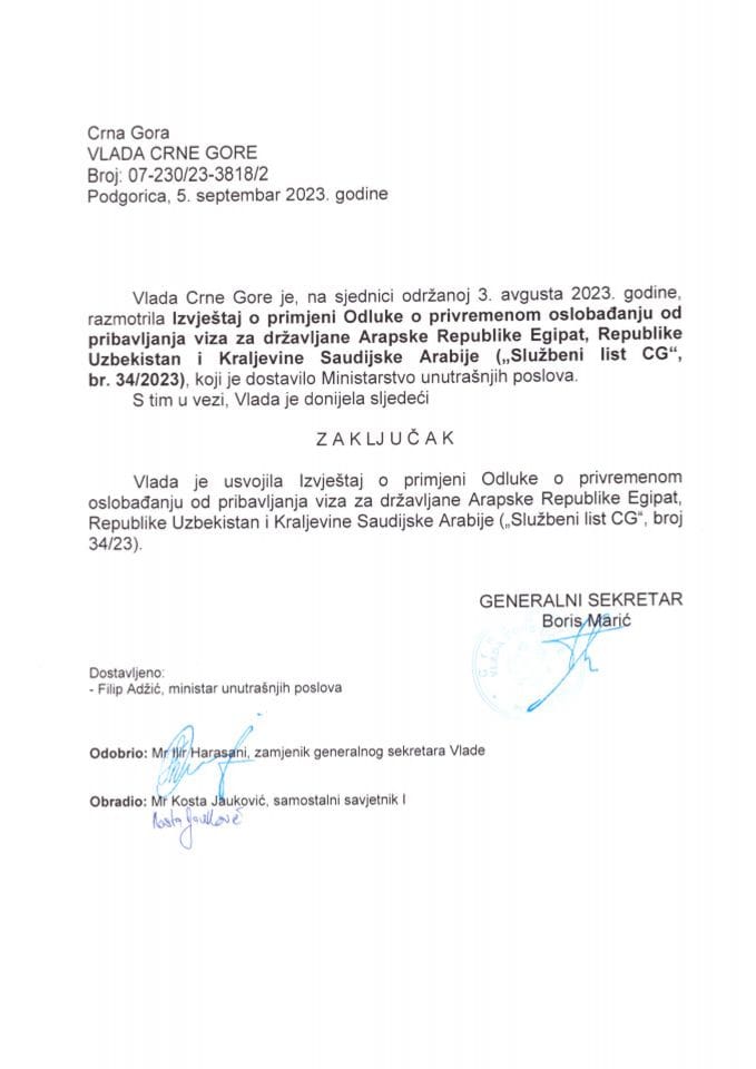 Izvještaj o primjeni Odluke o privremenom oslobađanju od pribavljanja viza za državljane Arapske Republike Egipat, Republike Uzbekistan i Kraljevine Saudijske Arabije ("Službeni list CG", br. 34/2023) - zaključci