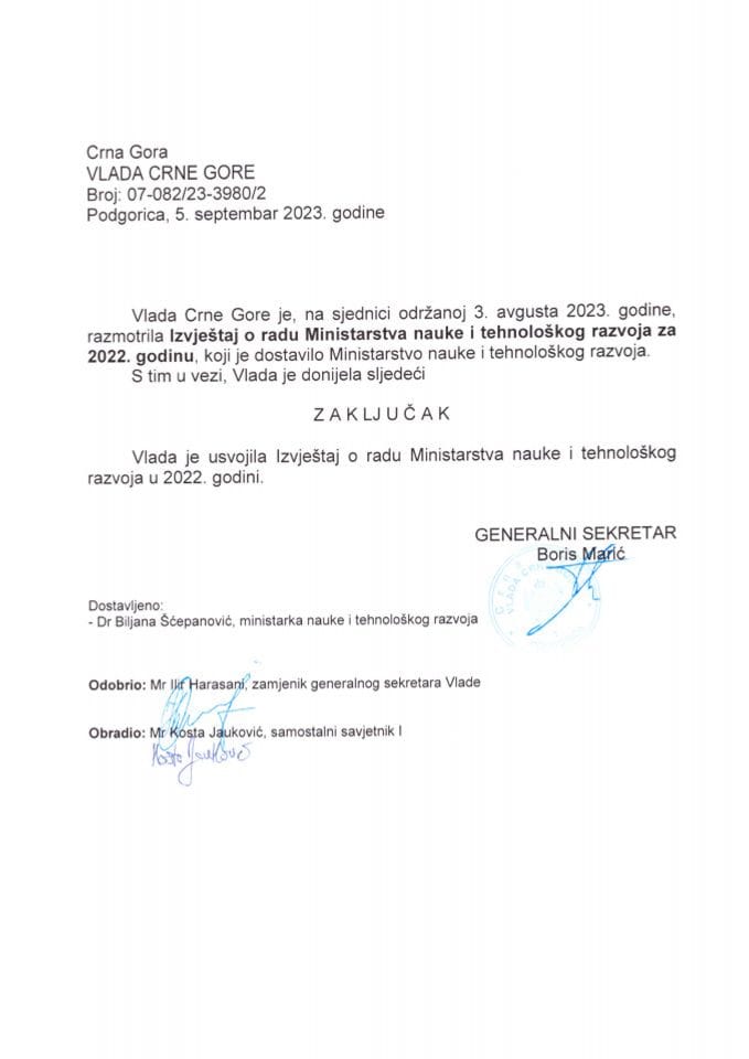 лзвјештај о раду Министарства науке и технолошког развоја за 2022. годину - закључци