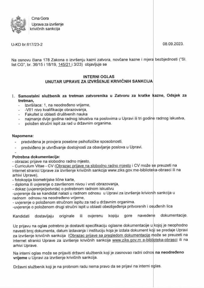 Interni oglas unutar Uprave za izvršenje krivičnih sankcija, 8.9.2023. godine