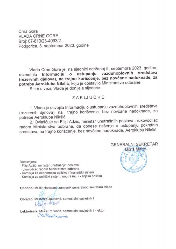 Informacija o ustupanju vazduhoplovnih sredstava (rezervnih djelova) na trajno korišćenje bez novčane nadoknade za potrebe Aerokluba Nikšić - zaključci