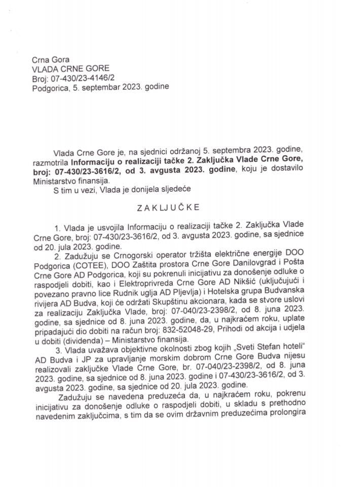 Информација о реализацији тачке 2 Закључка Владе Црне Горе, број: 07-430/23-3616/2, од 3. августа 2023. године - закључци