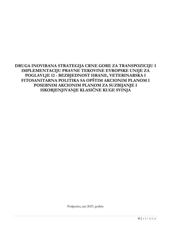 Друга иновирана Стратегија Црне Горе за транспозицију и имплементацију правне тековине Европске уније за Поглавље 12 - Безбједност хране, ветеринарска и фитосанитарна политика са