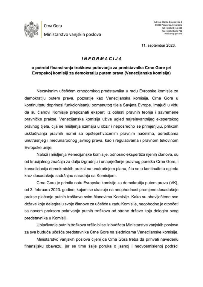 Информација о потреби финансирања трошкова путовања за представника Црне Горе при Европској комисији за демократију путем права (Венецијанска комисија)