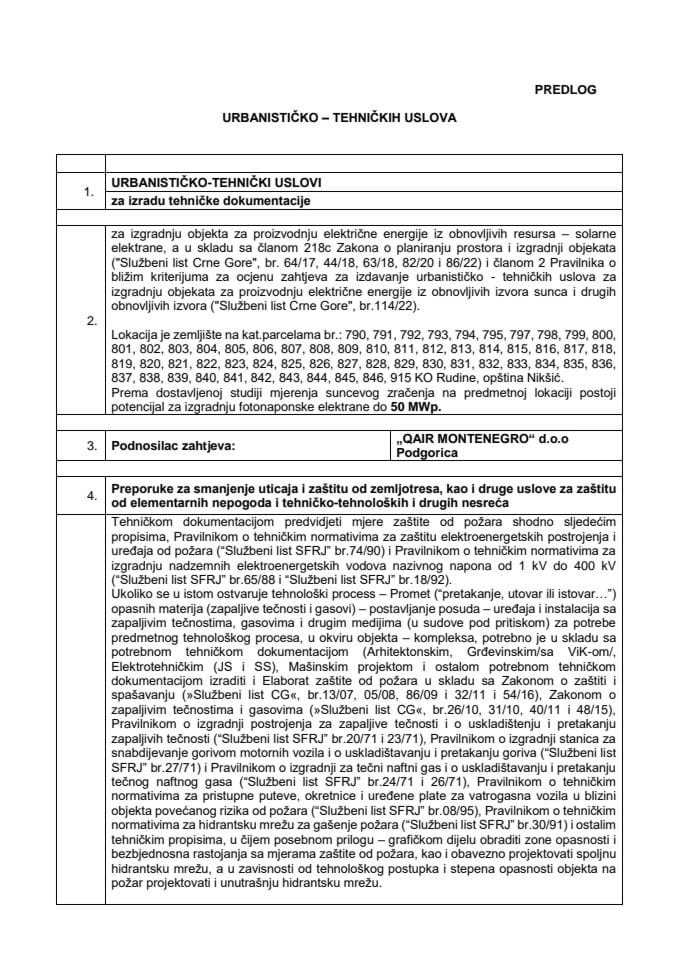 Предлог урбанистичко техничких услова за израду техничке документације за изградњу објекта за производњу електричне енергије из обновљивих ресурса - соларне електране, а по захтјеву „QAIR MONTENEGRO“ д.о.о. Подгорица