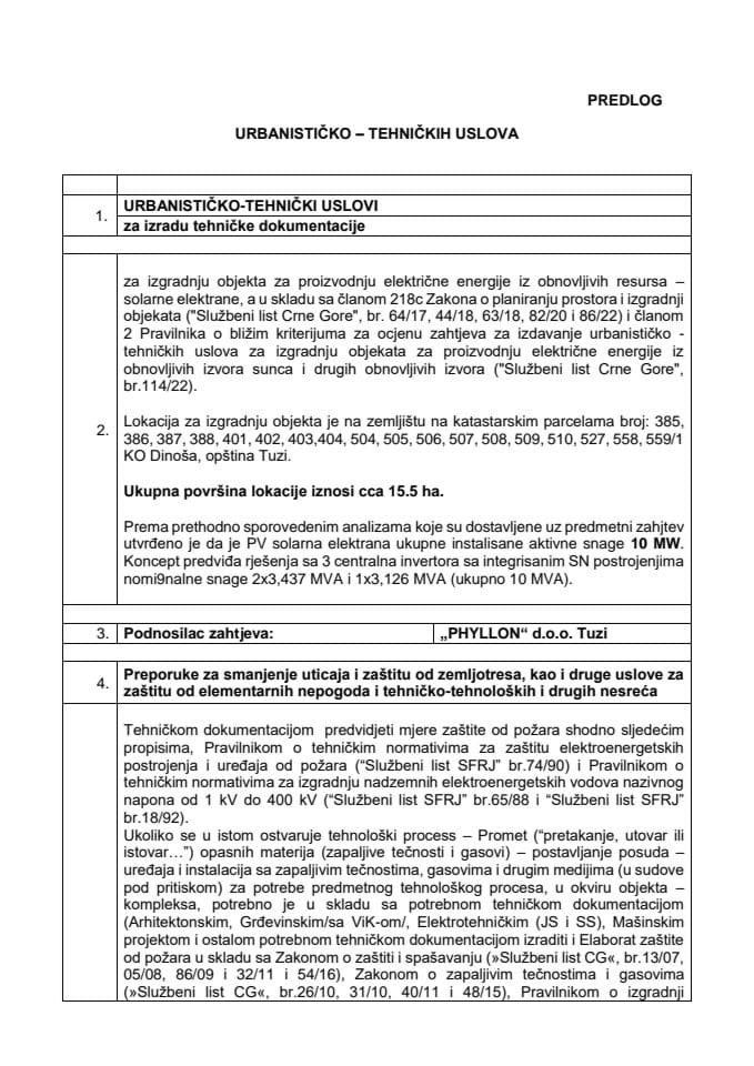 Предлог урбанистичко техничких услова за изградњу објекта за производњу електричне енергије из обновљивих ресурса - соларне електране, по захтјеву Phyllon д.о.о. Тузи а у складу са чланом 218ц Закона о планирању простора и изградњи објеката