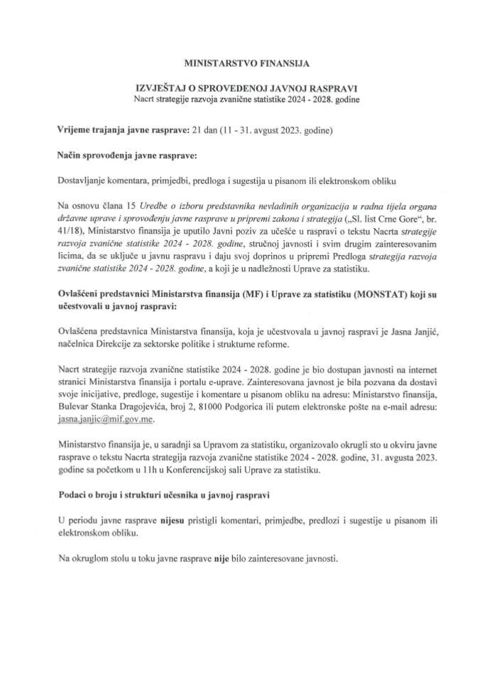 Извјештај о спроведеној јавној расправи о Нацрту стратегије развоја званичне статистике 2024 - 2028. године