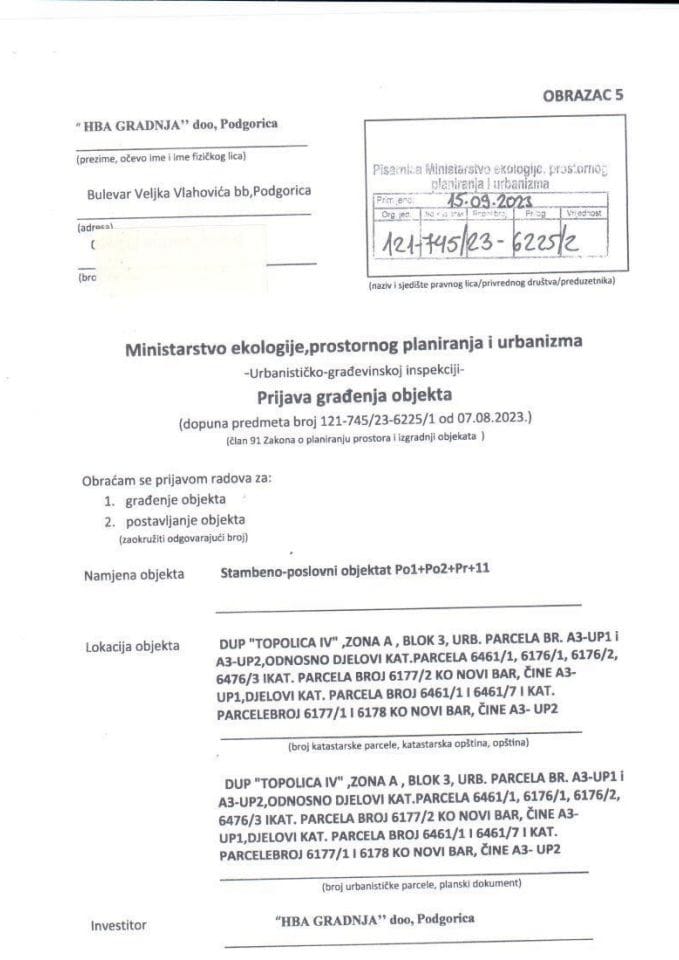 Prijava građenja objekta - 121-745-23-6225-2 HBA GRADNJA DOO PODGORICA