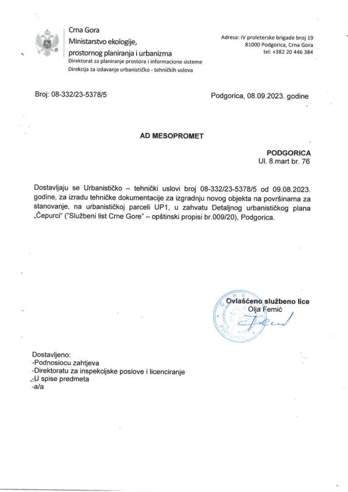 Izdati urbanističko-tehnički uslovi - 08-332-23-5378-5 AD MESOPROMET