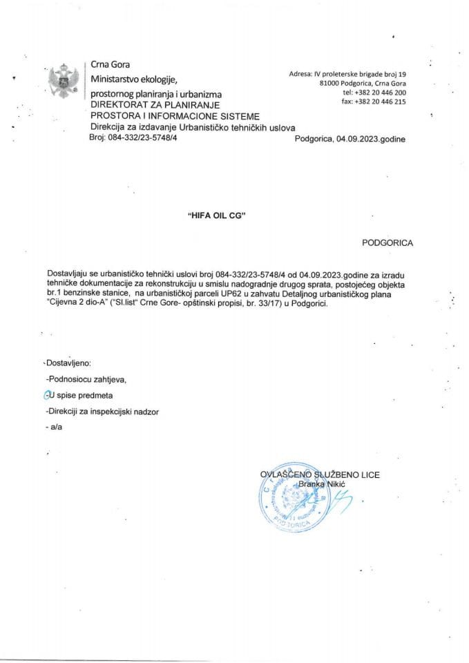 Izdati urbanističko-tehnički uslovi - 08-332-23-5748-4 HIFA OIL CG