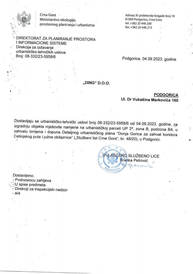 Izdati urbanističko-tehnički uslovi - 08-332-23-5958-6 DING DOO