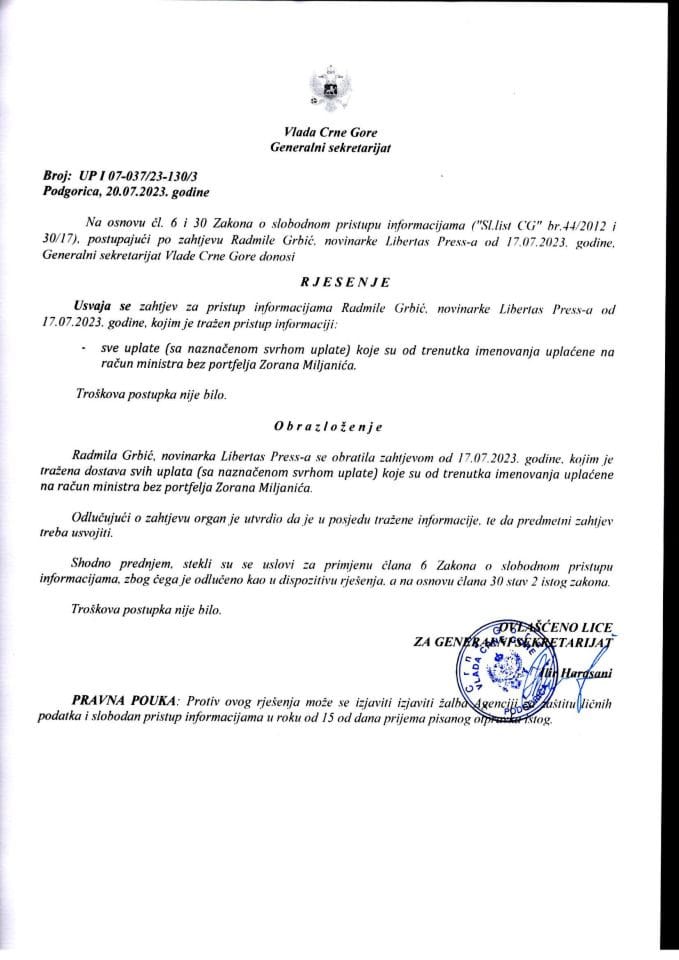 Informacija kojoj je pristup odobren po zahtjevu Radmile Grbić, novinarke Libertas Press-a od 17.07.2023. godine - UPI 07-037/23-130/3