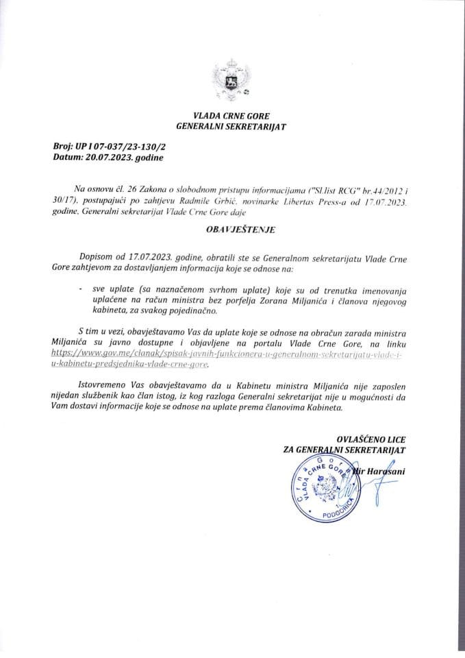 Informacija kojoj je pristup odobren po zahtjevu Radmile Grbić, novinarke Libertas Press-a od 17.07.2023. godine - UPI 07-037/23-130/2