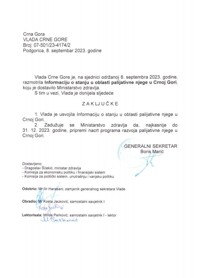 Информација о стању у области палијативне његе у Црној Гори - закључци