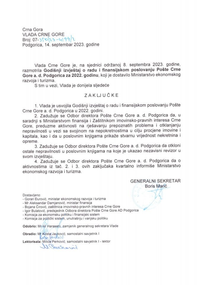 Годишњи извјештај о раду и финансијском пословању Поште Црне Горе АД Подгорица за 2022. годину - закључци