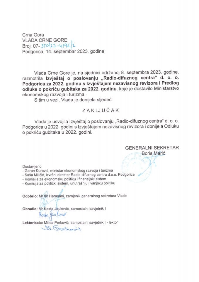 Извјештај о пословању „Радио-дифузног центра“ д.о.о. Подгорица за 2022. годину са Извјештајем независног ревизора и Предлог одлуке о покрићу губитака за 2022. годину - закључци