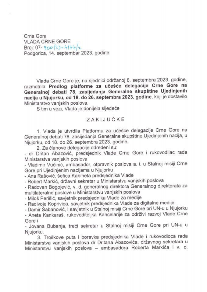 Предлог платформе за учешће делегације Црне Горе на Генералној дебати 78. засиједања Генералне скупштине Уједињених нација, Њујорк, 18-26. септембар 2023. године - закључци