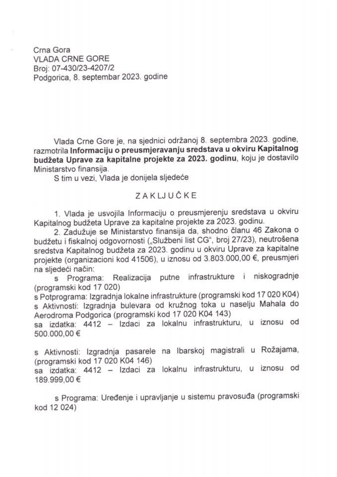 Информација о преусмјеравању средстава у оквиру Капиталног буџета Управе за капиталне пројекте за 2023. годину - закључци