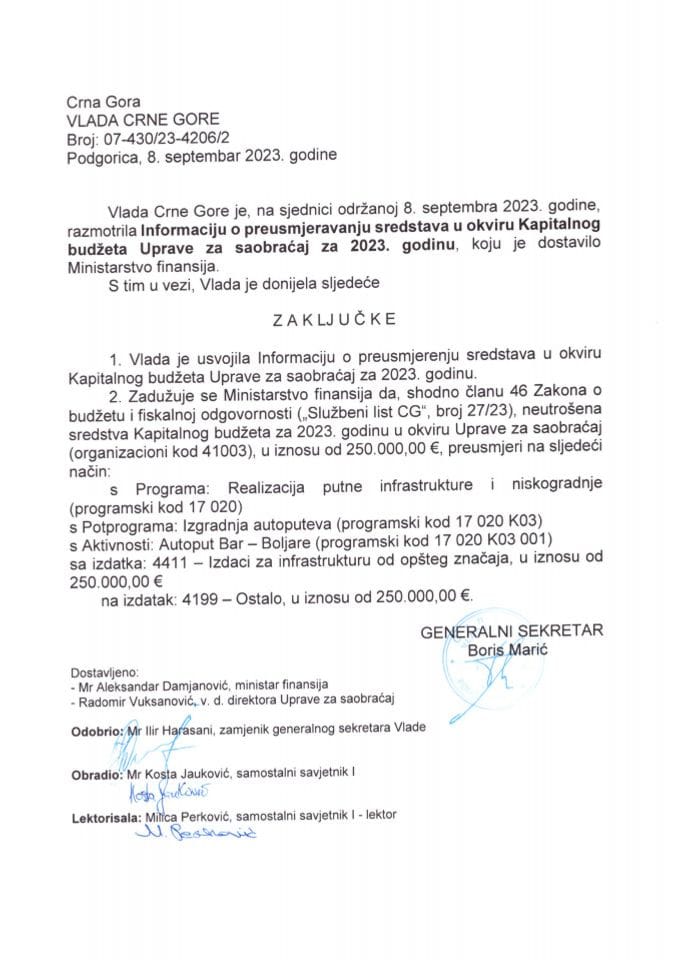 Информација о преусмјеравању средстава у оквиру Капиталног буџета Управе за саобраћај за 2023. годину - закључци