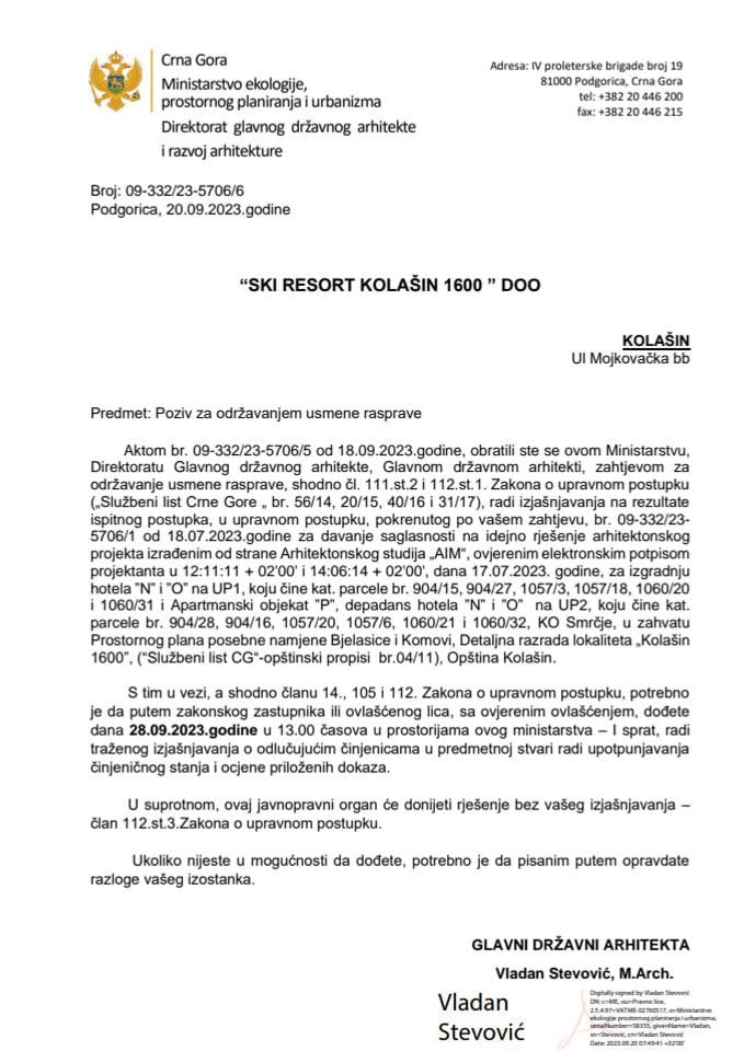 20.09.2023 Obavještenje -SKI RESORT KOLAŠIN 1600 DOO, Kolašin -Opština Kolašin