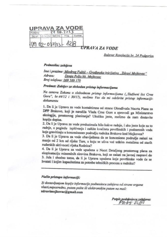 Zahtjev za slobodan pristup informacijama Građanska inicijativa Zdravi Mojkovac br. UPI 05-037 23-128