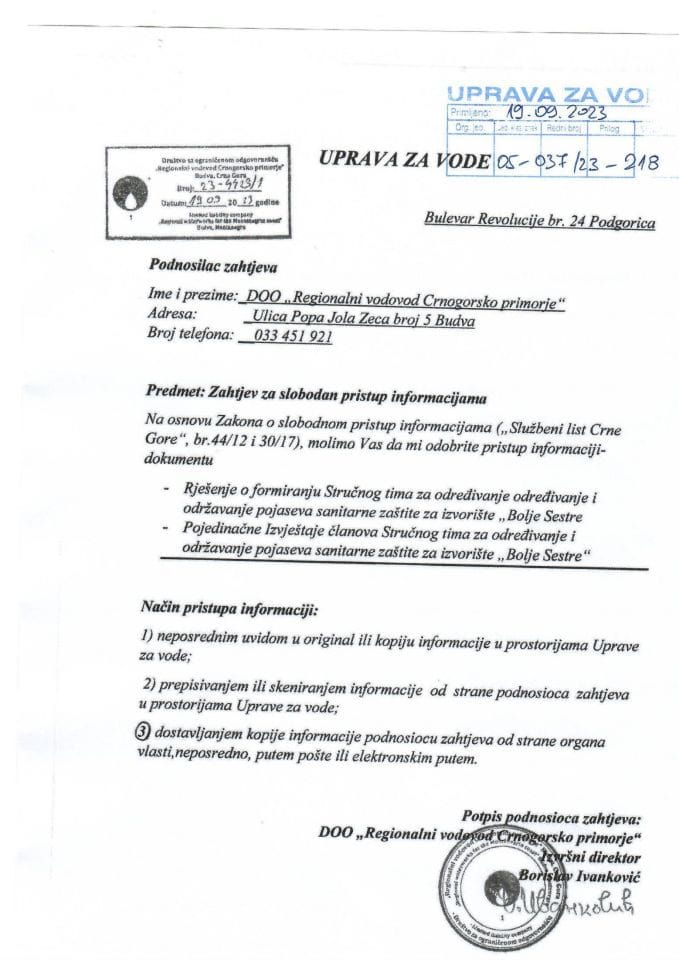 Zahtjev za slobodan pristup informacijama Regionalni vodovod Crnogorsko primorje br. UPI 05-037 23-218