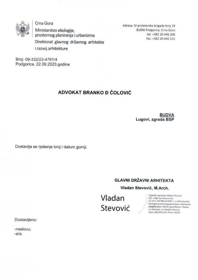 Rješenja glavnog državnog arhitekte - 22.09.2023 Rješenje -STABLO DOO, Budva, BEPPLER & PARTNERS LTD, Britanska Devičanska ostrva i IRLENIA INVESTMENTS LTD, Kipar -Opština Kolašin
