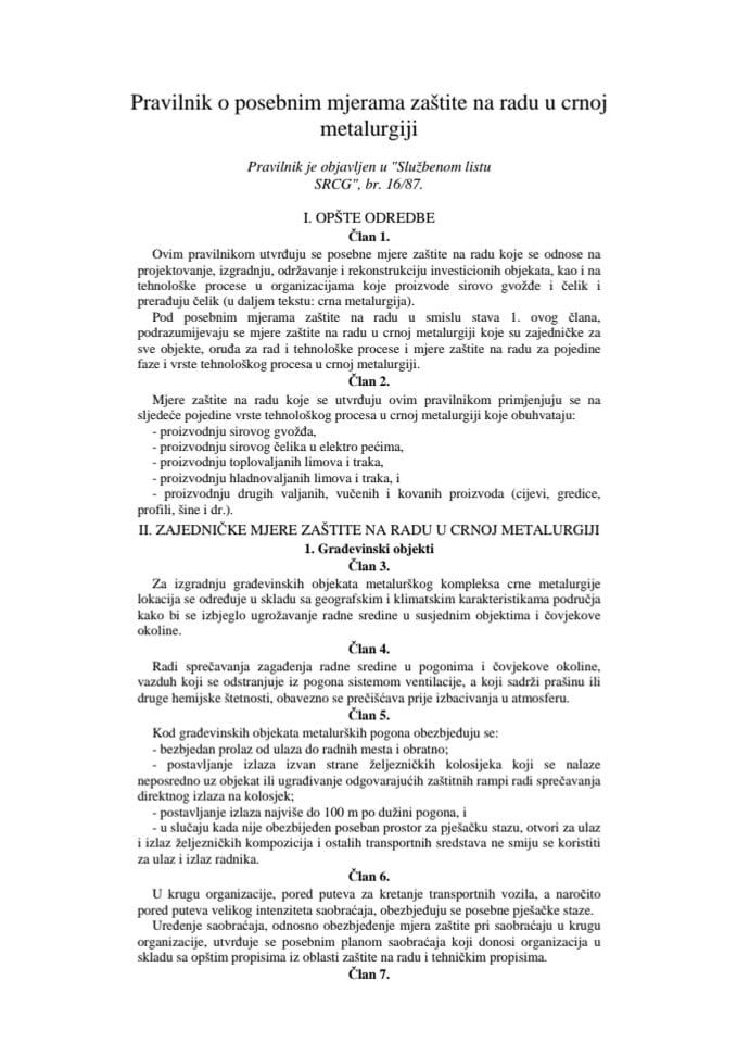 34. Pravilnik o posebnim mjerama zaštite na radu u crnoj metalurgiji ("Službeni list SRCG", br. 16/87)
