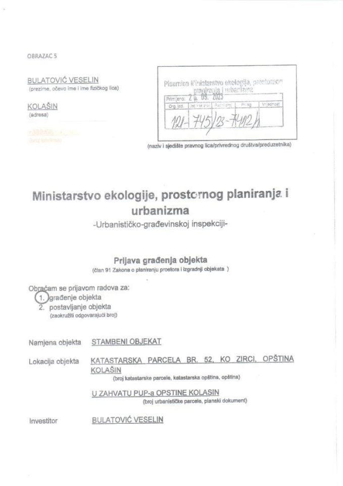 Prijava građenja objekta - 121-745-23-7412-1 BULATOVIĆ VESELIN