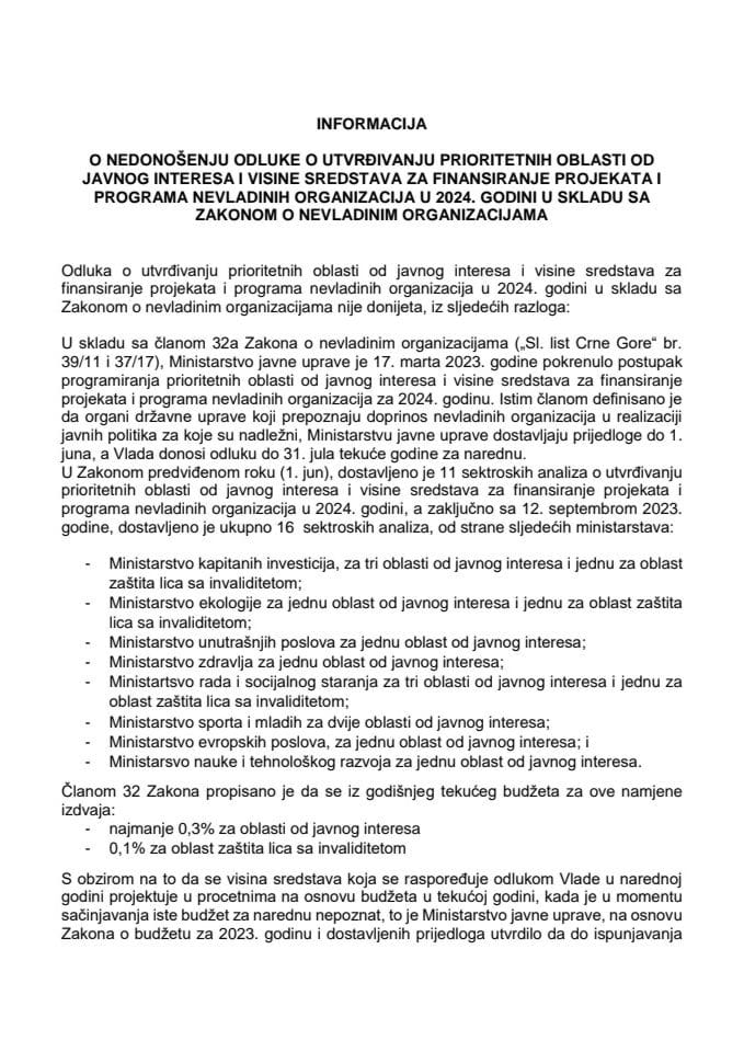 Информација о недоношењу Одлуке о утврђивању приоритетних области од јавног интереса и висине средстава за финансирање пројеката и програма невладиних организација у 2024. години у складу са Законом о невладиним организацијама